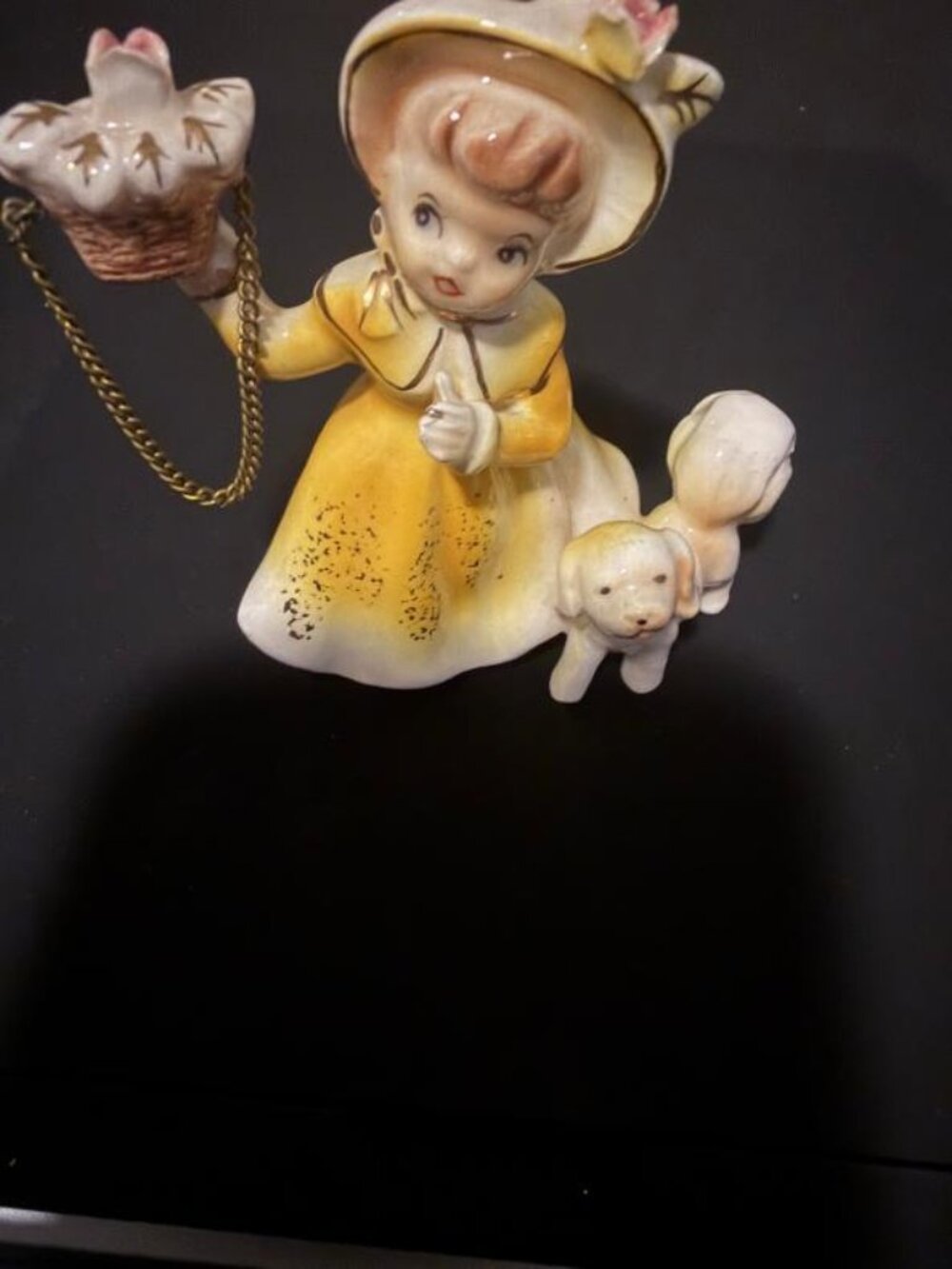 Vintage Ardalt Japan Girl in Sunny Yellow Dress with Dog & Basket 3.5" Tall Rare